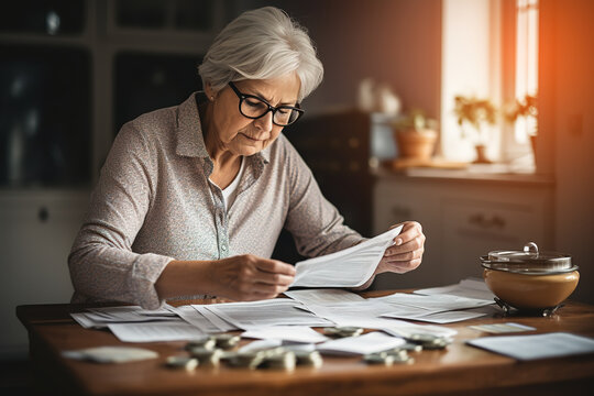 Senior Woman With Eyeglasses Doing Financial Accounting Paperwork, Checking Paper Bills And Calculating Budget At Home.