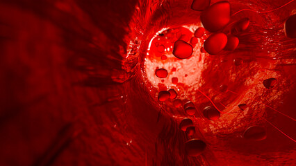 Blood vessels which red objects or molecules move. Science and medicine concept or Abstract background. 3D render.