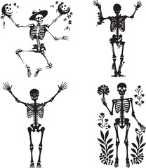 Human bones skeletons. Different skeleton posing  isolated set on white background vector illustration silhouette