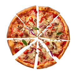 Round Pizza with individual slice, isolated on a white background, fast food concept, realistic design illustration, generative ai
