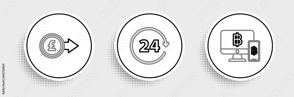 Poster set line computer monitor with mobile phone and bitcoin, coin money pound sterling symbol and clock 