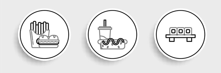 Set line Sushi on cutting board, Burger and french fries carton package box and Paper glass with drinking straw hotdog icon. Vector