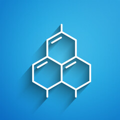 White line Chemical formula icon isolated on blue background. Abstract hexagon for innovation medicine, health, research and science. Long shadow. Vector