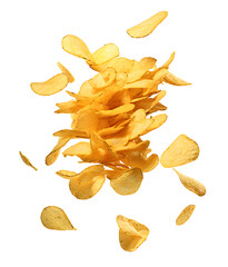 Flying potato chips isolated on a white background, fast food and snacks concept, realistic design illustration, generative ai