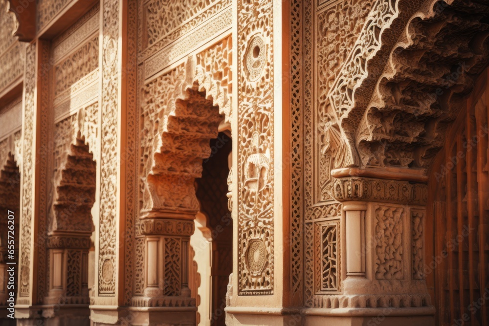 Aufkleber A picture of a building adorned with intricate carvings. This image can be used to depict architectural beauty and craftsmanship. It can also be used to represent historical or cultural significance.