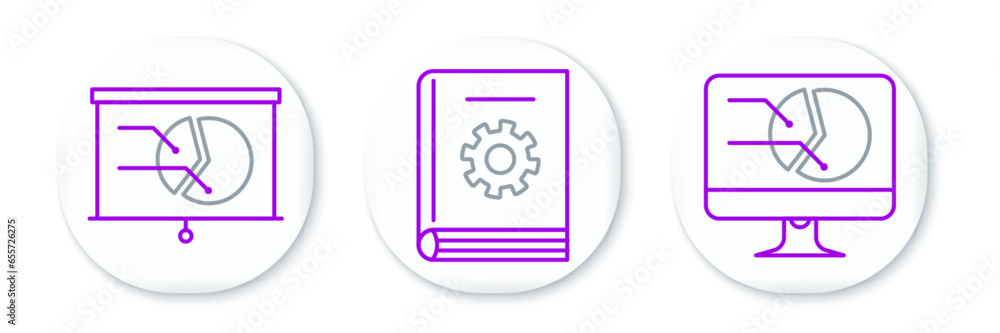 Poster set line computer monitor with graph chart, board and user manual icon. vector