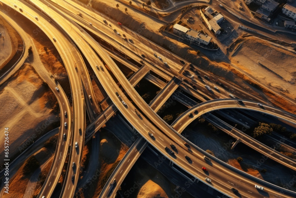 Poster a stunning aerial view of a highway intersection at sunset. this captivating image captures the beau