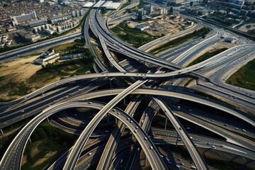 An aerial view of a highway intersection in a city. This image captures the bustling city traffic and the intricate road network. Perfect for illustrating urban infrastructure and transportation conce
