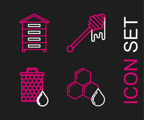 Set line Honeycomb, dipper stick with dripping honey and Hive for bees icon. Vector