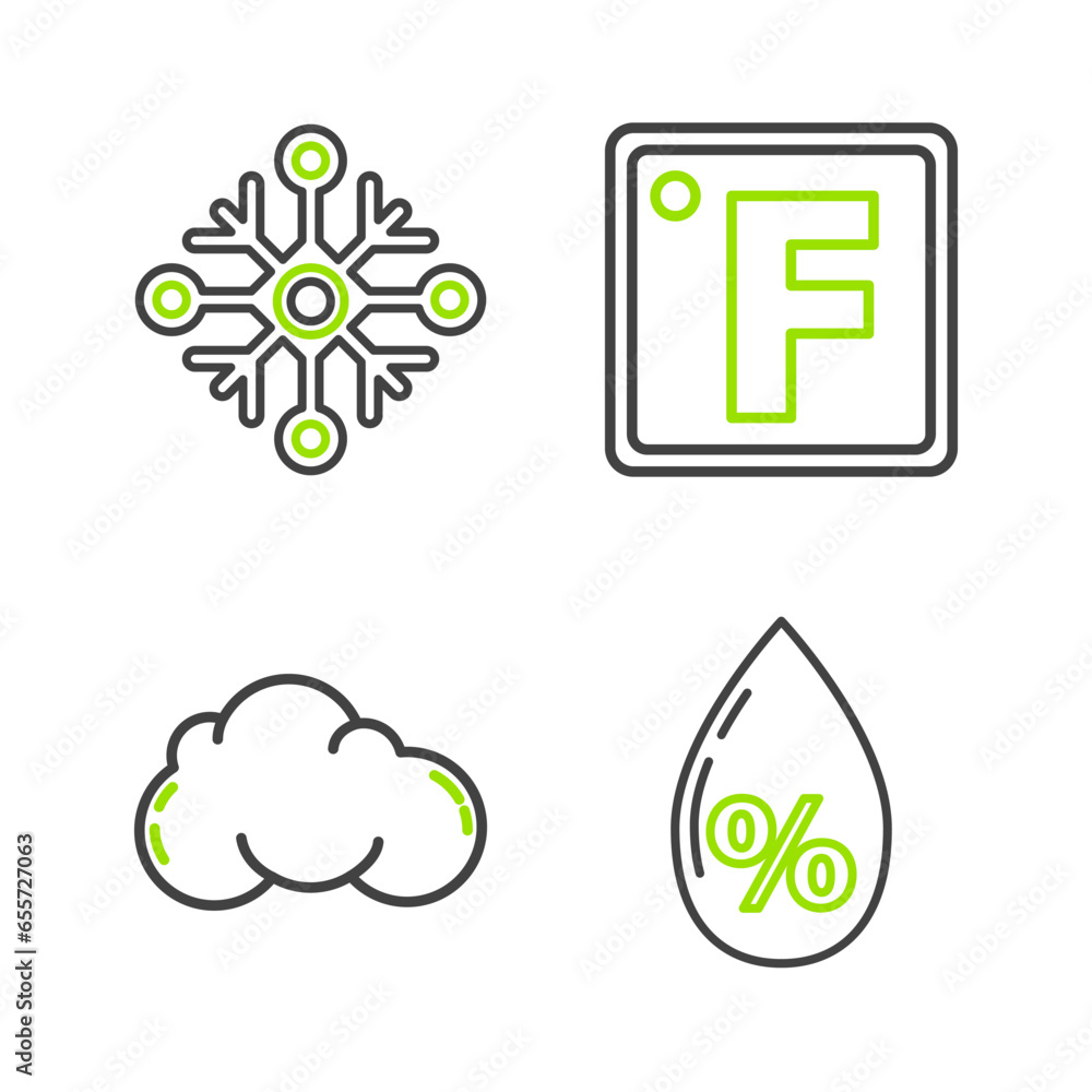 Poster set line water drop percentage, cloud, fahrenheit and snowflake icon. vector