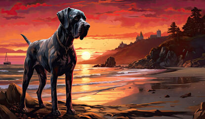 Majestic Great Dane: A Seaside Sunset in Colorful Splendor - obrazy, fototapety, plakaty