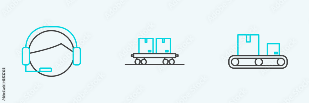 Poster set line conveyor belt with cardboard box, support operator in touch and railway carriage icon. vect