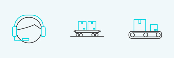 Set line Conveyor belt with cardboard box, Support operator in touch and Railway carriage icon. Vector