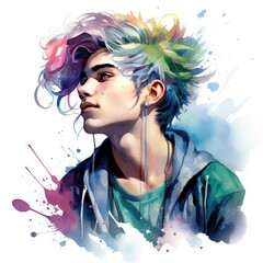Fototapeta premium Celebrate Rebellion and Creativity with Watercolor Clipart of Funky Haired High School Boy Teenage