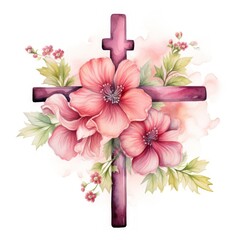 Spiritual Journey Celebration through Watercolor Clipart of Delicately Adorned Flower Cross