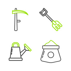 Set line Bag of flour, Watering can, Garden rake and Scythe icon. Vector
