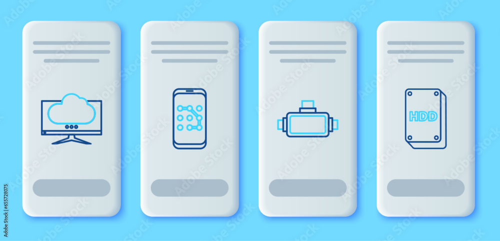 Poster set line mobile and graphic password protection, virtual reality glasses, computer monitor screen an