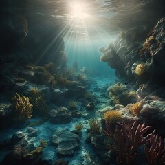 Coral reef cliffs on the seabed and sunlight shining on them