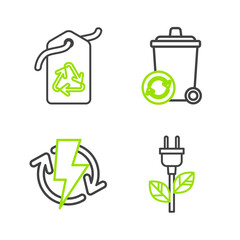Set line Electric saving plug in leaf, Recharging, Recycle bin with recycle symbol and Tag icon. Vector
