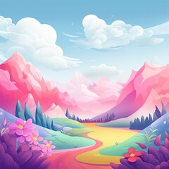 Fototapeta na wymiar Bright abstract landscape in rainbow colors in flat style, mountains, clouds