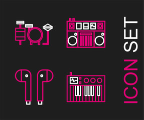 Set line Music synthesizer, Air headphones, DJ remote for playing and mixing music and Drums icon. Vector