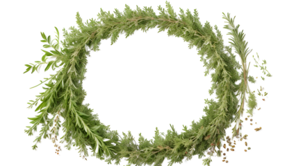 Vibrant Mediterranean herb border, isolated on transparent background. Basil, thyme, oregano, rosemary, sage, pepper. Culinary PNG element.