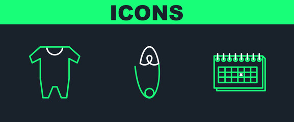Set line Calendar, Baby clothes and Classic steel safety pin icon. Vector