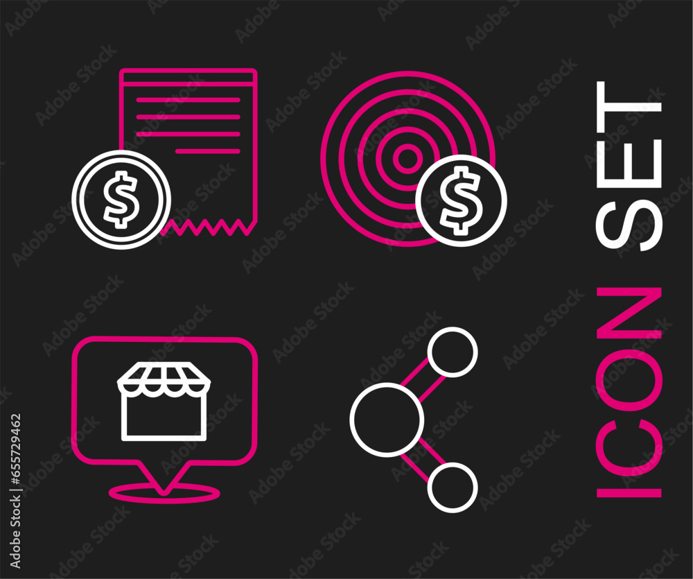 Sticker Set line Share, Online shopping concept, Target with dollar symbol and Paper check and financial check icon. Vector