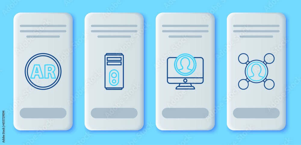 Poster set line computer, create account screen, ar, augmented reality and share icon. vector