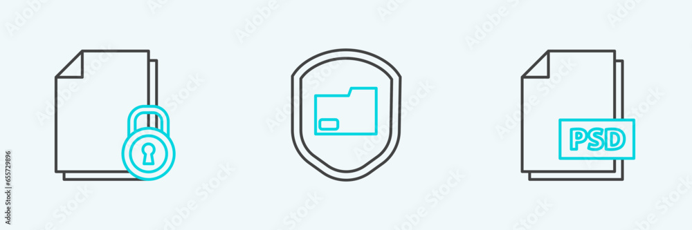 Poster set line psd file document, document and lock and folder protection icon. vector