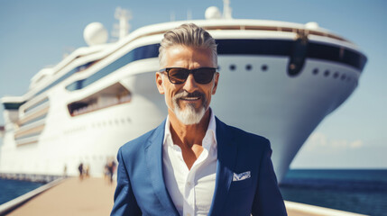 Attractive mature senior man tourist near big cruise liner in port - obrazy, fototapety, plakaty
