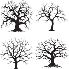 Happy halloween Naked tree vector silhouette set illustration scary tree branches 