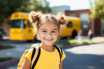 Cheerful 5-Year-Old Girl in Blank White T-Shirt with Yellow School Bus in Background
