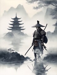 Ronin Samurai by the Pagoda, Passion, Respect and Knowledge. Commitment to Excellence, Bushido Spirit. Ancient Traditions. Path of the Warrior. Mastering the Blade.