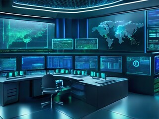 Modern Data Center. Surveillance Center illustration. Futuristic Technology Internet and Big Data Connection. Cybersecurity Digital Data.