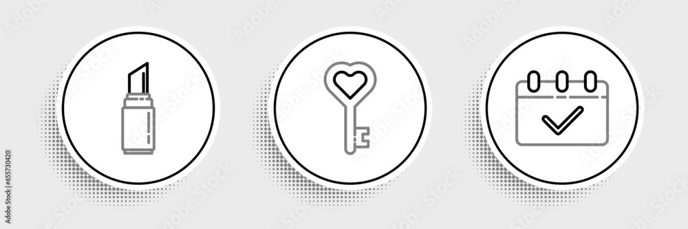 Poster set line calendar with 8 march, lipstick and key in heart shape icon. vector