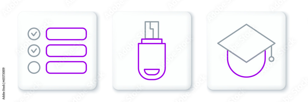 Poster set line graduation cap on globe, task list and usb flash drive icon. vector