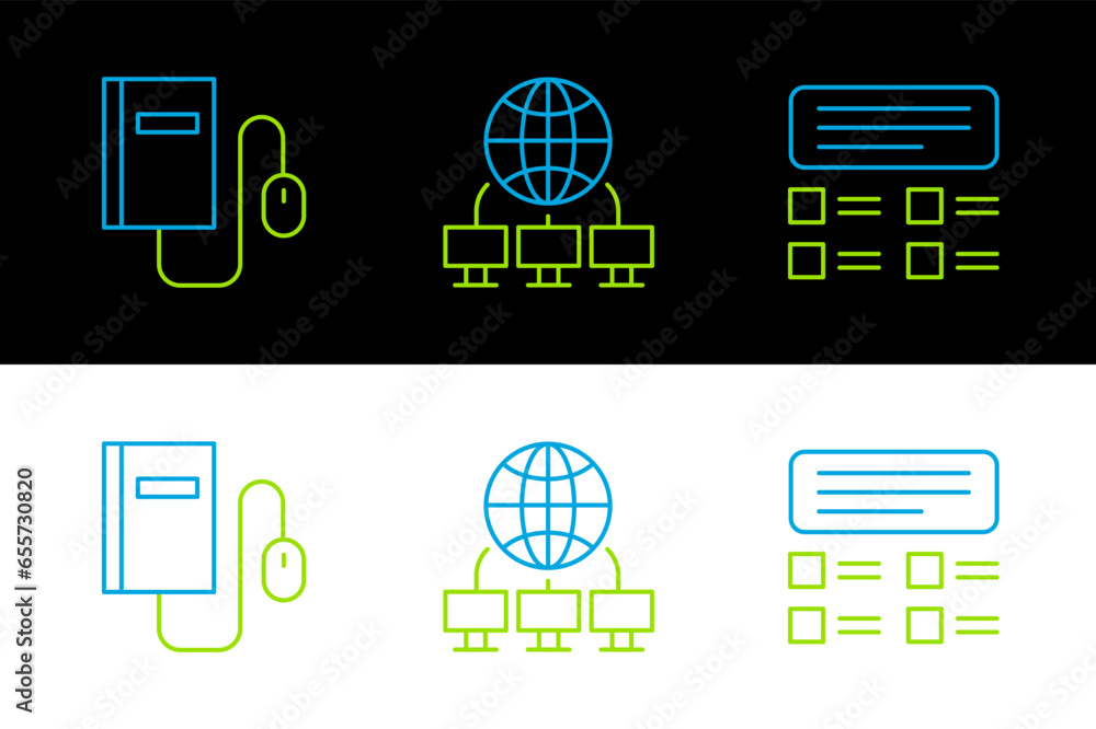 Poster set line online quiz, test, survey, electronic book with mouse and computer network icon. vector