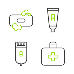 Set line First aid kit, Electrical hair clipper or shaver, Tube of toothpaste and Bar soap icon. Vector