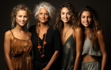 Fototapeta premium Women of different ages pose in the studio to celebrate their bodies. Body positive concept. Generative Ai