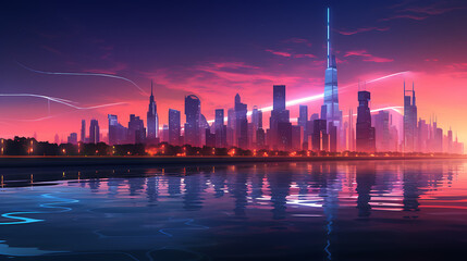 Obraz premium A futuristic city skyline at dusk, with neon lights reflecting on the calm waters of a river, giving the cityscape a cyberpunk feel.