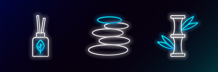 Set line Bamboo, Aroma diffuser and Stack hot stones icon. Glowing neon. Vector