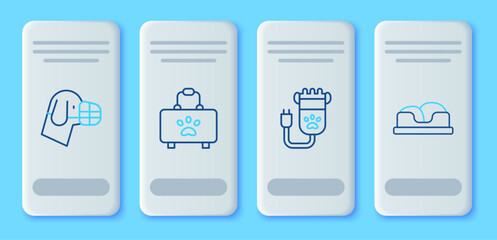 Set line Pet first aid kit, Hair clipper pet, Dog in muzzle and bed icon. Vector