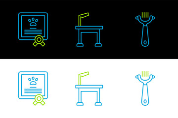 Set line Hair brush for dog and cat, Certificate and Pet grooming table icon. Vector