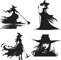 Silhouette witch in hat  Halloween vector icon illustration Halloween witch isolated on white background  