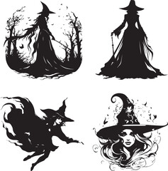 Silhouette witch in hat  Halloween vector icon illustration Halloween witch isolated on white background  