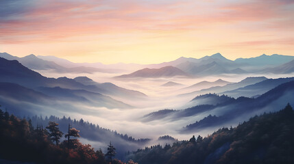 A breathtaking view from a mountaintop at dawn. The world below is shrouded in mist, and the first light of day paints the sky in soft pastel hues. - obrazy, fototapety, plakaty