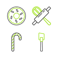 Set line Spatula, Christmas candy cane, Kitchen whisk rolling pin and Donut icon. Vector