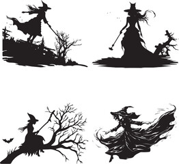 Silhouette witch in hat  Halloween vector icon illustration Halloween witch isolated on white background   - obrazy, fototapety, plakaty