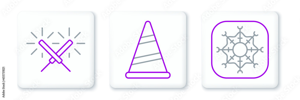 Poster set line snowflake, sparkler firework and party hat icon. vector